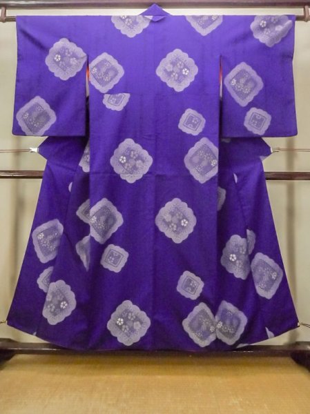 Photo1: N0123D Antique Japanese women Vivid Bluish Purple ORI woven / Silk. Flower,   (Grade C) (1)