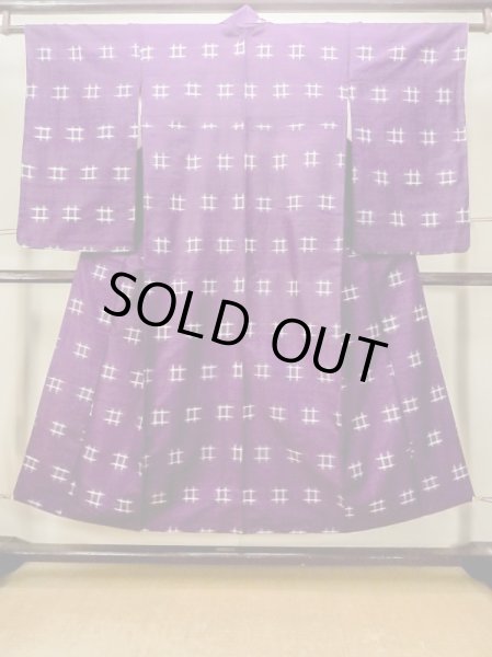 Photo1: N0123E Antique Japanese women  Vivid Purple TSUMUGI pongee / Silk. Parallel Cross There is an impression from use.  (Grade C) (1)