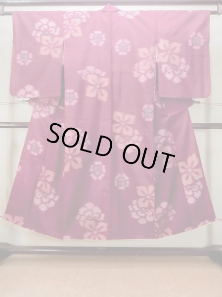 Photo1: N0123F Antique Japanese women   Dark Red ORI woven / Silk. Flower There is an impression from use.  (Grade C) (1)