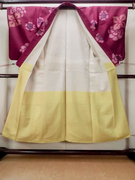 Photo2: N0123F Antique Japanese women   Dark Red ORI woven / Silk. Flower There is an impression from use.  (Grade C) (2)