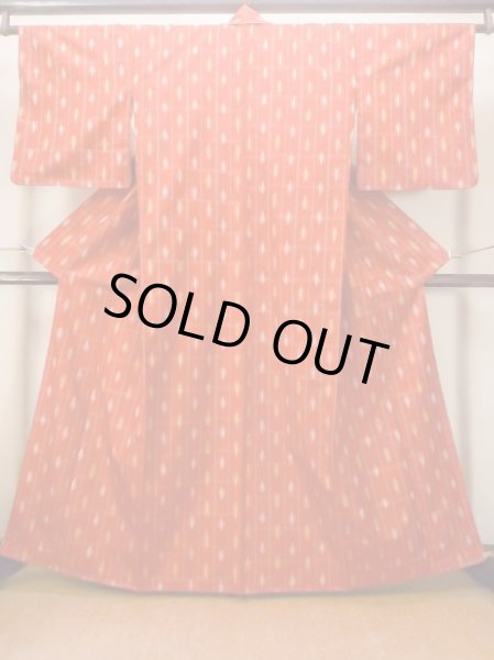 Photo1: N0123I Used Japanese women  Vivid Orange TSUMUGI pongee / Silk. Plaid Checks,   (Grade B) (1)