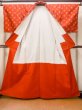 Photo2: N0123I Used Japanese women  Vivid Orange TSUMUGI pongee / Silk. Plaid Checks,   (Grade B) (2)