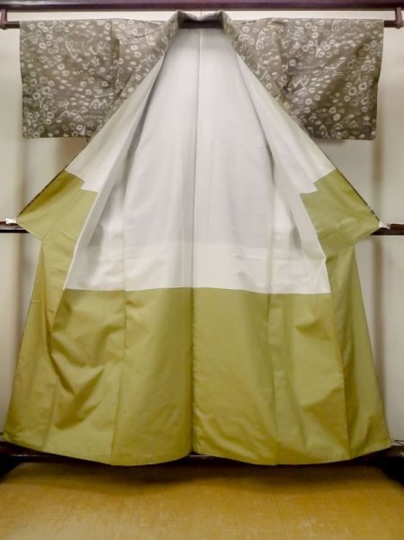 Photo2: N0123R Vintage Japanese women   Olive TSUMUGI pongee / Silk. House,   (Grade C) (2)