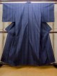 Photo1: N0123V Vintage Japanese women   Navy Blue TSUMUGI pongee / Silk. Plaid Checks   (Grade B) (1)