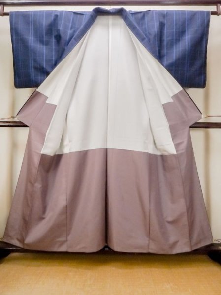 Photo2: N0123V Vintage Japanese women   Navy Blue TSUMUGI pongee / Silk. Plaid Checks   (Grade B) (2)