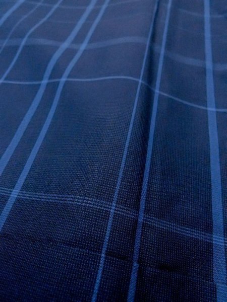 Photo7: N0123V Vintage Japanese women   Navy Blue TSUMUGI pongee / Silk. Plaid Checks   (Grade B) (7)