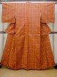 Photo1: N0123W Vintage Japanese women   Orange TSUMUGI pongee / Silk. Plaid Checks   (Grade B) (1)