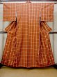 Photo1: N0123X Vintage Japanese women   Orange TSUMUGI pongee / Silk. Plaid Checks   (Grade B) (1)
