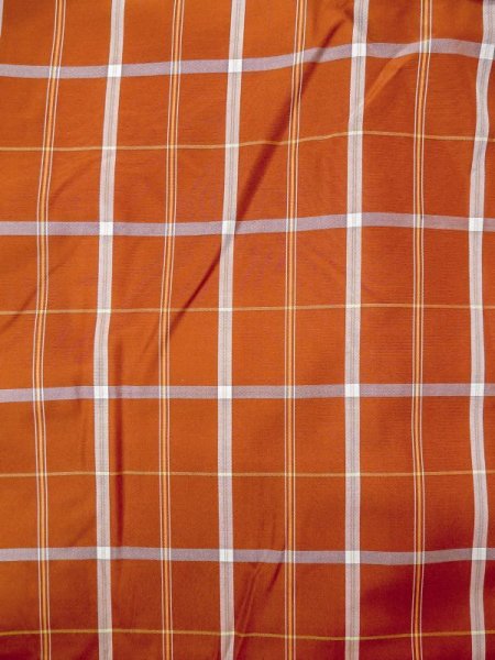 Photo3: N0123X Vintage Japanese women   Orange TSUMUGI pongee / Silk. Plaid Checks   (Grade B) (3)