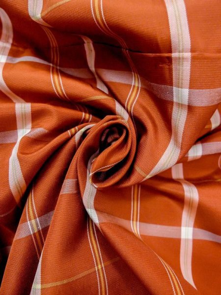 Photo9: N0123X Vintage Japanese women   Orange TSUMUGI pongee / Silk. Plaid Checks   (Grade B) (9)