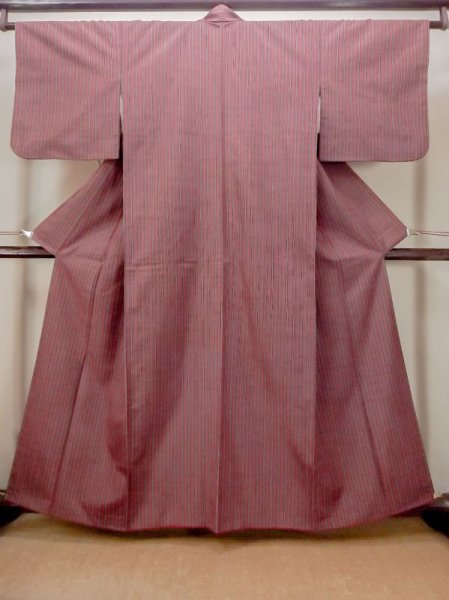 Photo1: Mint N0123Y Vintage Japanese women   Red TSUMUGI pongee / Silk. Stripes   (Grade A) (1)