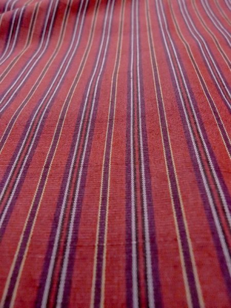 Photo8: Mint N0123Y Vintage Japanese women   Red TSUMUGI pongee / Silk. Stripes   (Grade A) (8)