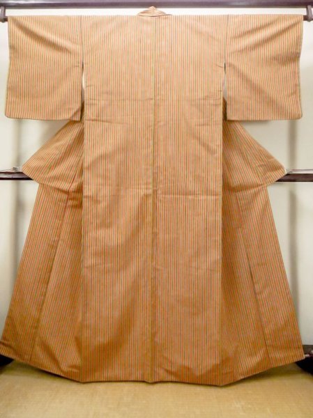 Photo1: N0123Z Vintage Japanese women   Yellow TSUMUGI pongee / Silk. Stripes   (Grade C) (1)