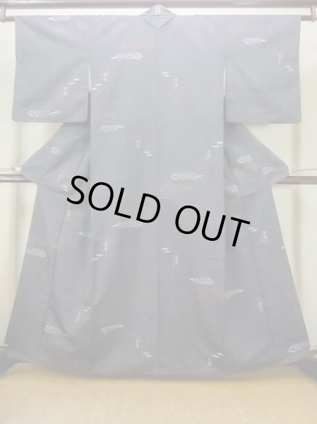 Photo1: Mint N0124C Vintage Japanese women  Dark Gray TSUMUGI pongee / Silk. Tall grass,   (Grade A) (1)