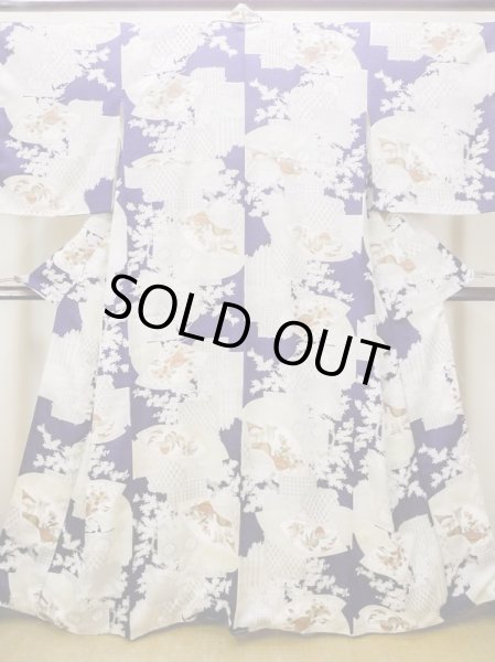 Photo1: N0130C Used Japanese women   Indigo Blue KOMON dyed / Silk. Chrysanthemum,   (Grade C) (1)