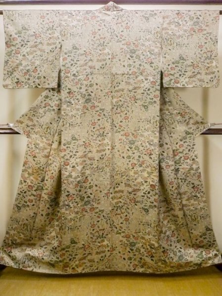 Photo1: N0130F Used Japanese women  Pale Taupe KOMON dyed / Silk. Peony,   (Grade C) (1)