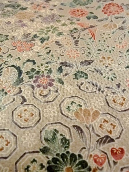 Photo9: N0130F Used Japanese women  Pale Taupe KOMON dyed / Silk. Peony,   (Grade C) (9)