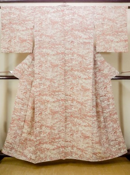 Photo1: N0130G Vintage Japanese women  Pale Coral KOMON dyed / Silk. Peony,   (Grade B) (1)
