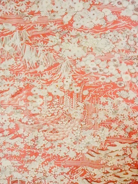 Photo3: N0130G Vintage Japanese women  Pale Coral KOMON dyed / Silk. Peony,   (Grade B) (3)