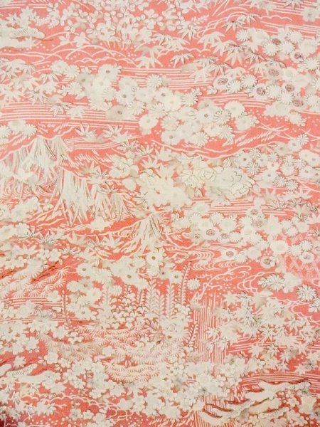Photo4: N0130G Vintage Japanese women  Pale Coral KOMON dyed / Silk. Peony,   (Grade B) (4)