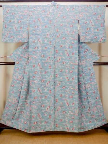 Photo1: N0130I Vintage Japanese women   Light Blue KOMON dyed / Silk. Flower,   (Grade B) (1)