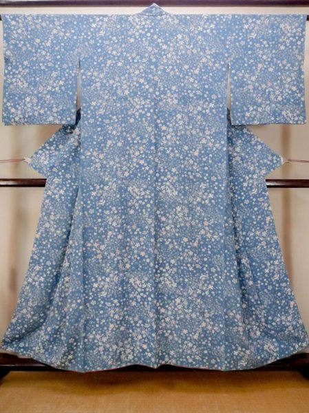 Photo1: N0130J Vintage Japanese women   Light Blue KOMON dyed / Silk. Flower,   (Grade B) (1)