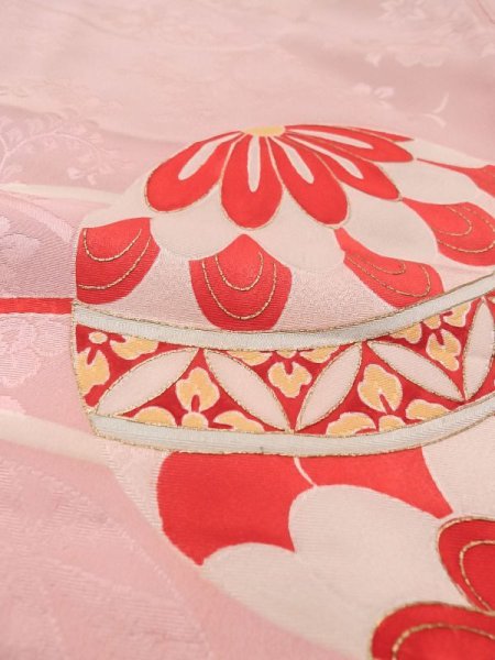 Photo11: N0131B Antique Japanese women Pale Light Pink Kids / Silk. Wave, Base embossed woven pattern : Jamanese ball  (Grade D) (11)