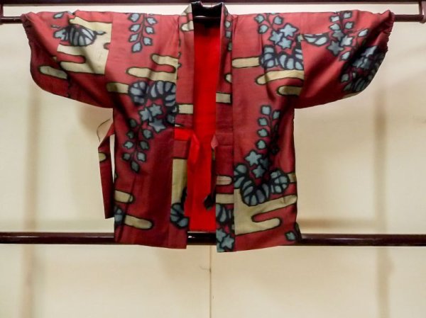 Photo1: N0209C Antique Japanese women  Dark Dark Red HAORI short jacket / Silk. KIRI paulownia,   (Grade D) (1)