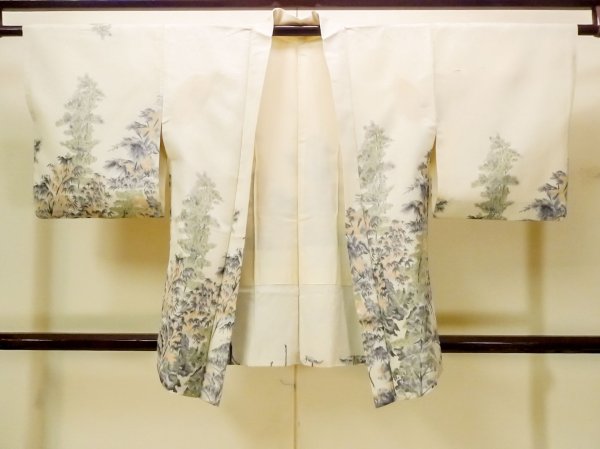 Photo1: N0209H Vintage Japanese women   Ivory HAORI short jacket / Silk. Bamboo leaf,   (Grade C) (1)