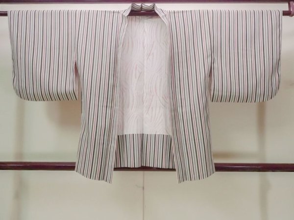 Photo1: N0209V Vintage Japanese women   Off White HAORI short jacket / Silk. Stripes   (Grade C) (1)