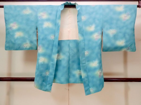 Photo1: N0209Y Vintage Japanese women   Light Blue HAORI short jacket / Silk. Flower,   (Grade C) (1)