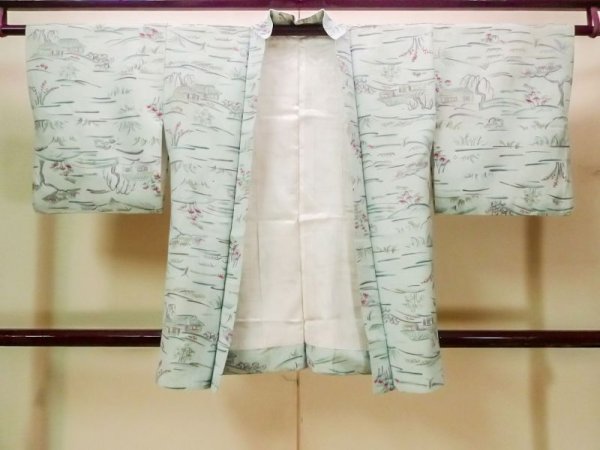 Photo1: N0210C Vintage Japanese women Pale Greenish Light Blue HAORI short jacket / Silk. MOMIJI maple leaf,   (Grade C) (1)