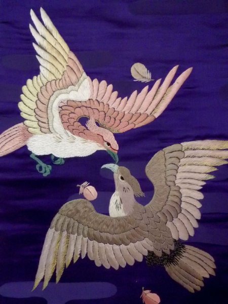 Photo2: N0216A Vintage Japanese Kimono  Shiny Purple NAGOYA OBI sash Bird Silk. (Grade B) (2)
