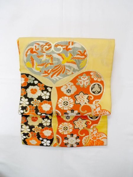 Photo6: N0216B Vintage Japanese Kimono  Shiny Yellow NAGOYA OBI sash Peony Silk. (Grade C) (6)