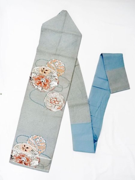 Photo1: N0216F Vintage Japanese Kimono Grayish Greenish Light Blue NAGOYA OBI sash Flower Silk. (Grade D) (1)