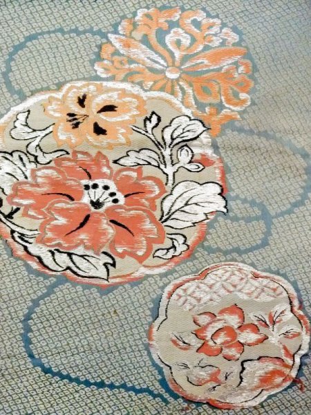 Photo2: N0216F Vintage Japanese Kimono Grayish Greenish Light Blue NAGOYA OBI sash Flower Silk. (Grade D) (2)