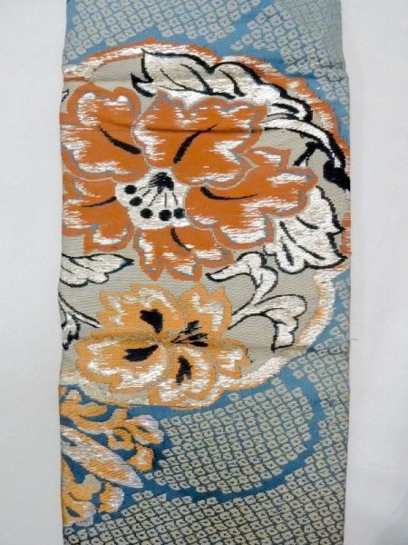 Photo4: N0216F Vintage Japanese Kimono Grayish Greenish Light Blue NAGOYA OBI sash Flower Silk. (Grade D) (4)