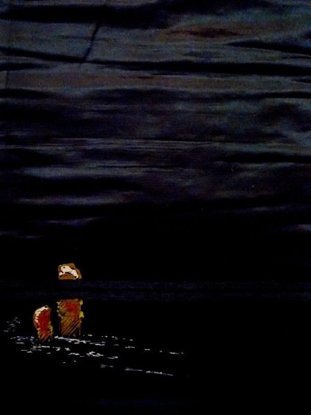 Photo3: N0216K Vintage Japanese Kimono   Black NAGOYA OBI sash UME plum bloom Silk. (Grade D) (3)