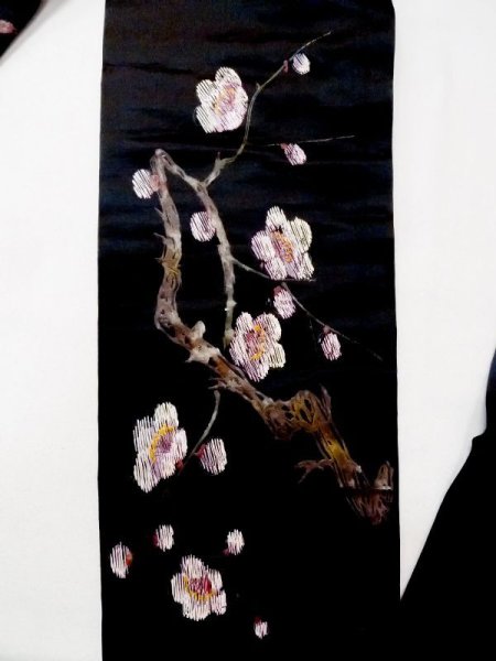 Photo4: N0216K Vintage Japanese Kimono   Black NAGOYA OBI sash UME plum bloom Silk. (Grade D) (4)