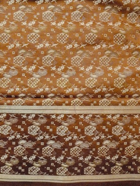 Photo3: N0216N Vintage Japanese Kimono  Shiny Brown NAGOYA OBI sash Flower Silk. (Grade C) (3)