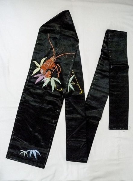Photo1: N0216O Vintage Japanese Kimono   Black NAGOYA OBI sash Bamboo leaf Silk. (Grade C) (1)