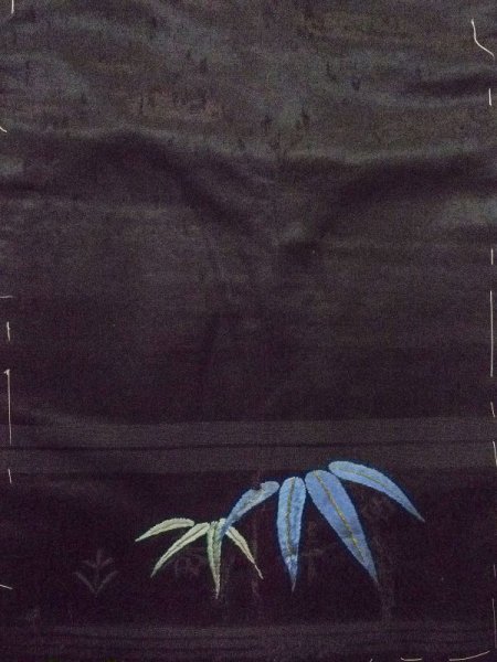 Photo3: N0216O Vintage Japanese Kimono   Black NAGOYA OBI sash Bamboo leaf Silk. (Grade C) (3)