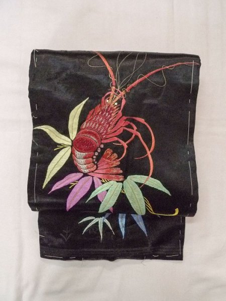 Photo6: N0216O Vintage Japanese Kimono   Black NAGOYA OBI sash Bamboo leaf Silk. (Grade C) (6)