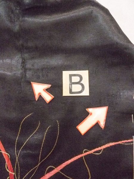 Photo8: N0216O Vintage Japanese Kimono   Black NAGOYA OBI sash Bamboo leaf Silk. (Grade C) (8)