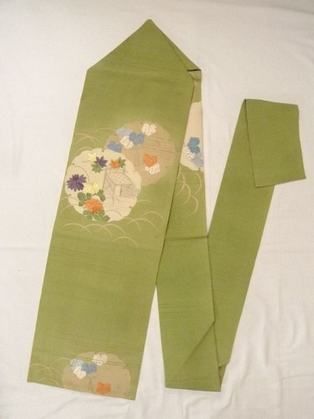 Photo1: N0216P Vintage Japanese Kimono Pale Grayish Yellowish Green NAGOYA OBI sash Chrysanthemum Silk. (Grade C) (1)