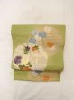 Photo6: N0216P Vintage Japanese Kimono Pale Grayish Yellowish Green NAGOYA OBI sash Chrysanthemum Silk. (Grade C) (6)