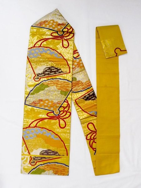 Photo1: N0216T Vintage Japanese Kimono   Multi Color NAGOYA OBI sash MOMIJI maple leaf Silk. (Grade C) (1)