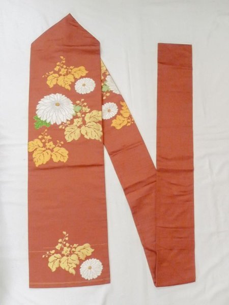 Photo1: N0216V Vintage Japanese Kimono  Grayish Vermilion NAGOYA OBI sash Chrysanthemum Silk. (Grade C) (1)