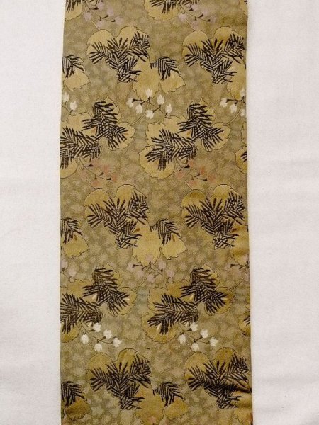 Photo4: N0216X Vintage Japanese Kimono  Dark Gold NAGOYA OBI sash Flower Silk. (Grade C) (4)