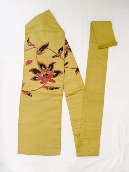 Photo1: N0217B Vintage Japanese Kimono  Grayish Yellow NAGOYA OBI sash Flower Silk. (Grade C) (1)